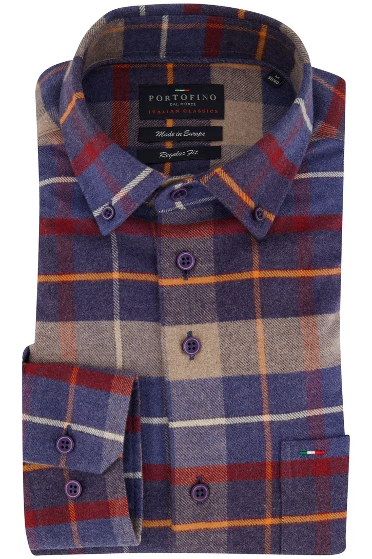 Portofino overhemd Regular Fit flanel blauw rood geruit