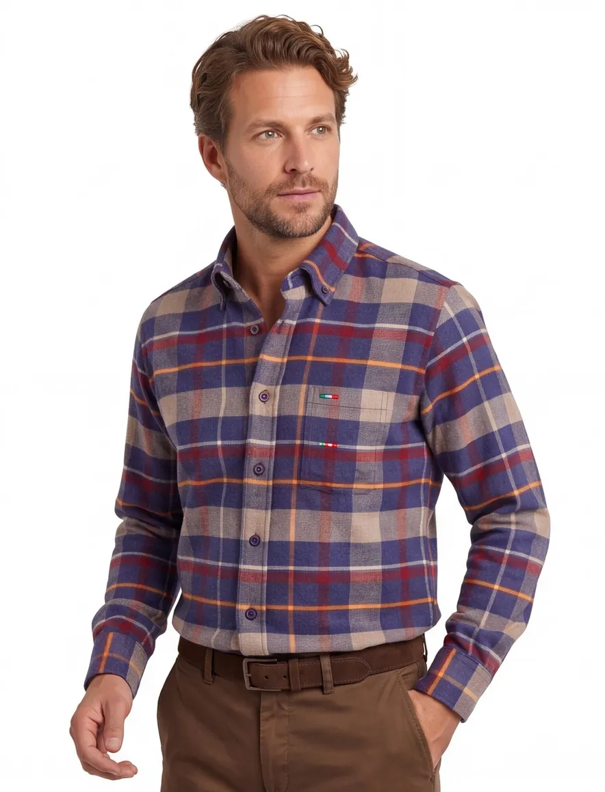 Portofino overhemd Regular Fit flanel blauw rood geruit
