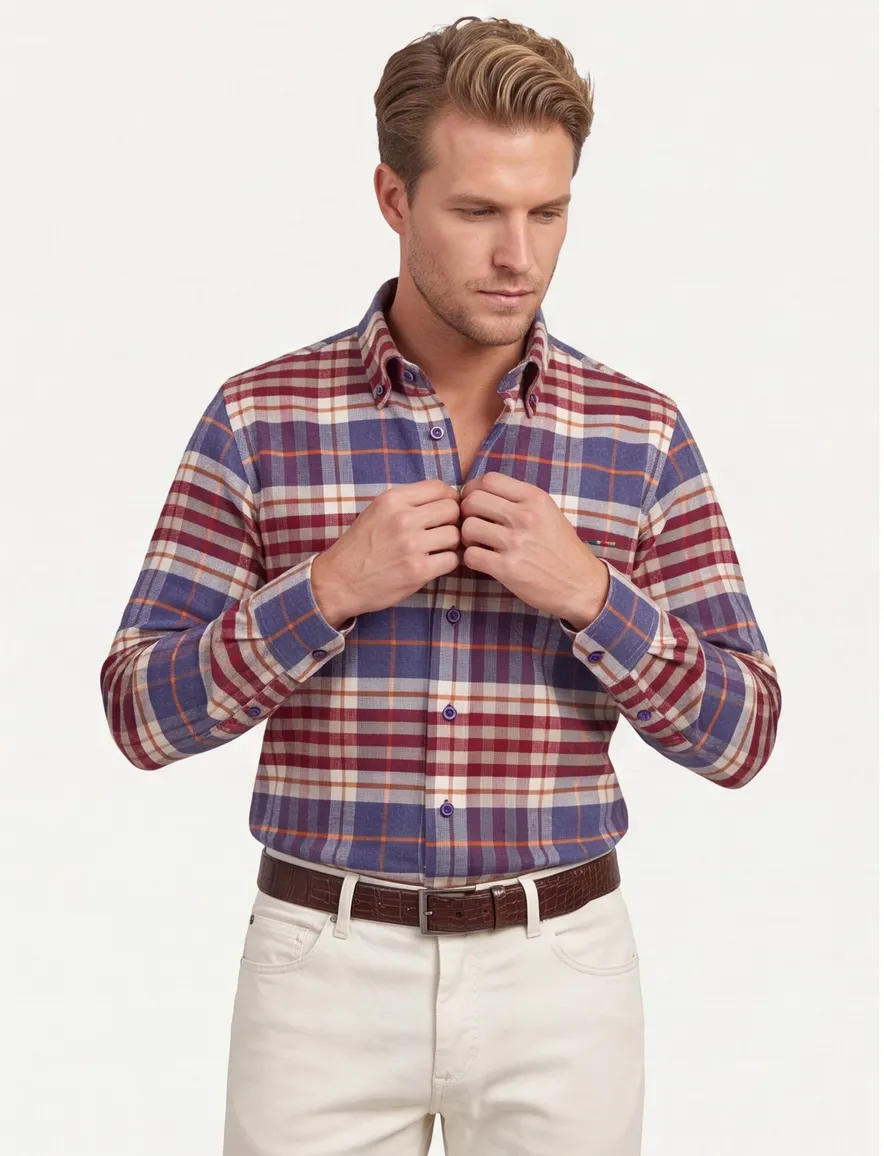 Portofino wijde fit overhemd rood geruit flanel