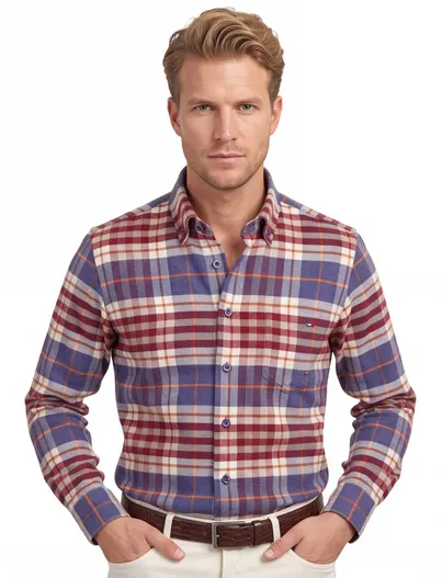 Portofino Portofino wijde fit overhemd rood geruit flanel