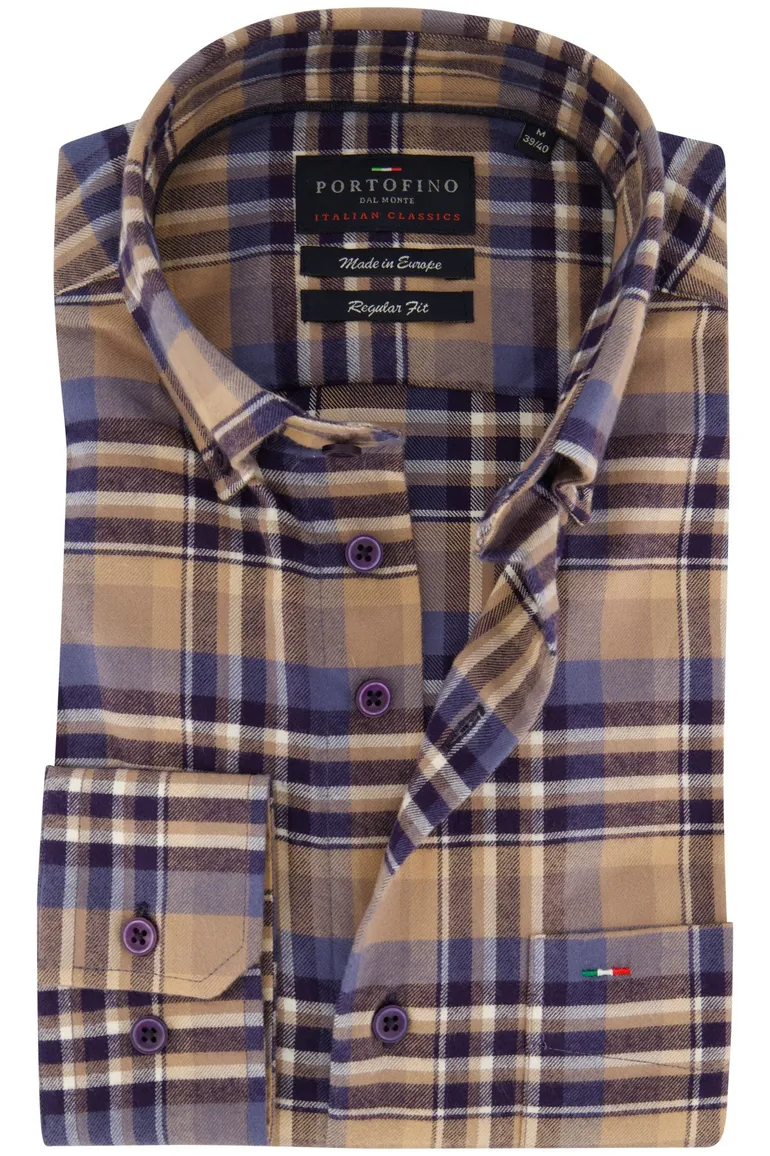 Portofino overhemd Regular Fit beige geruit flanel