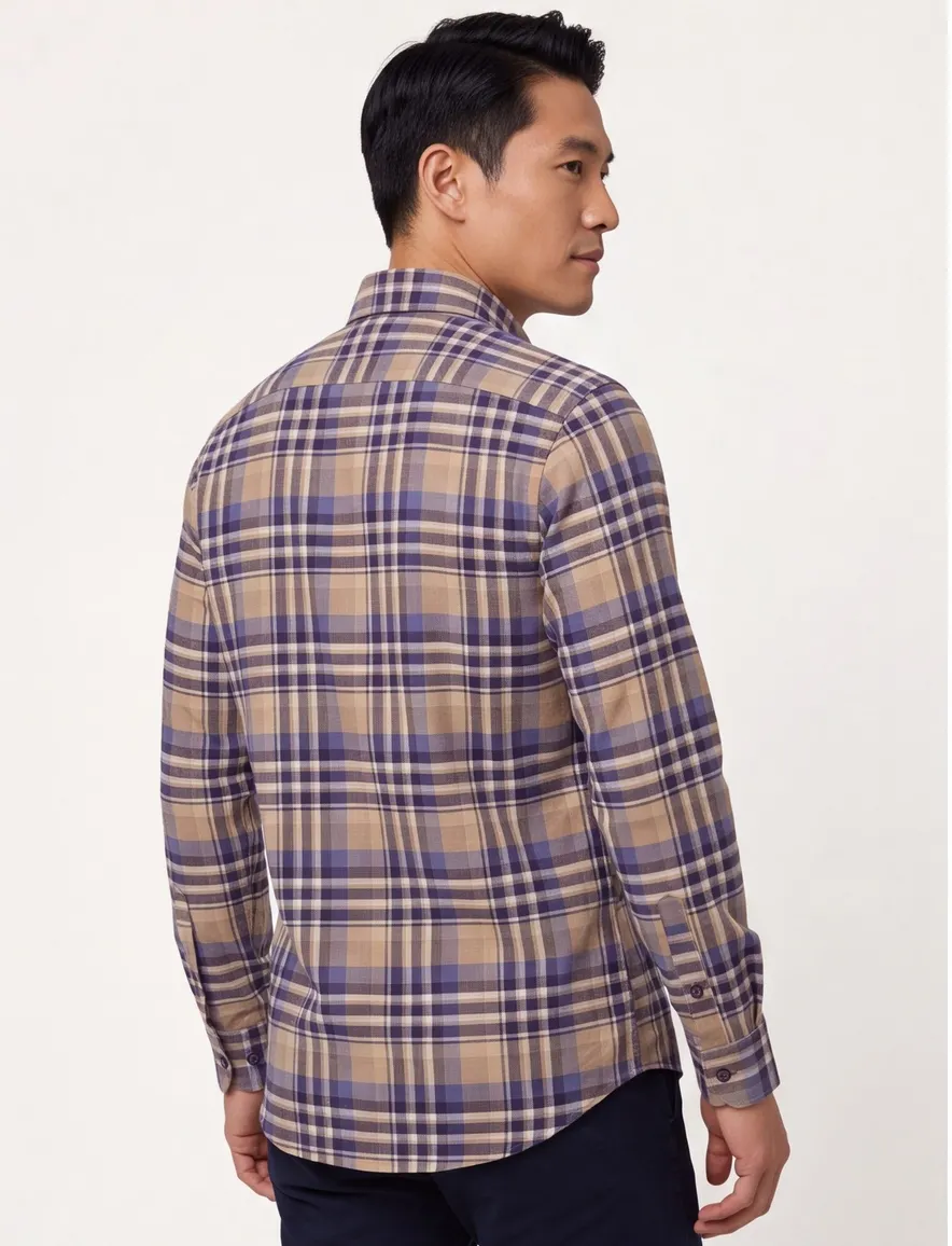 Portofino Regular Fit overhemd beige geruit flanel