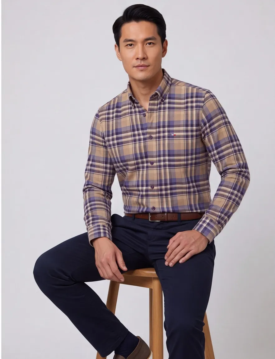 Portofino Regular Fit overhemd beige geruit flanel