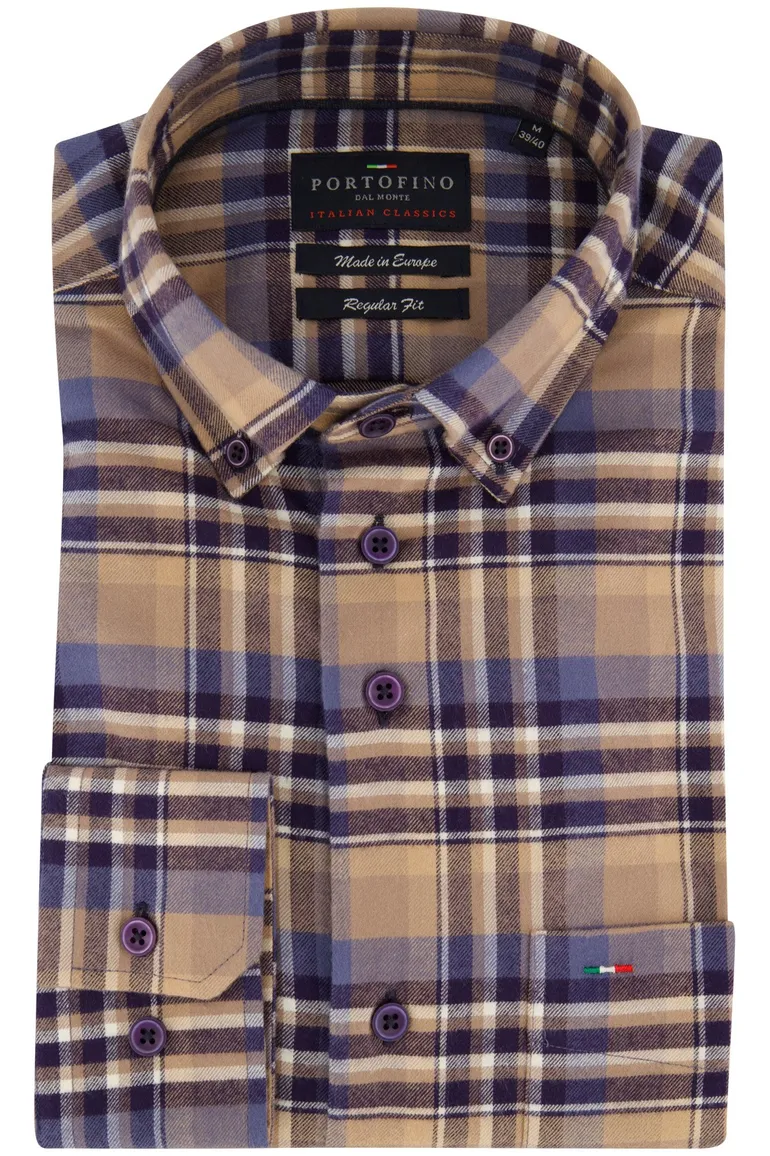 Portofino Regular Fit overhemd beige geruit flanel