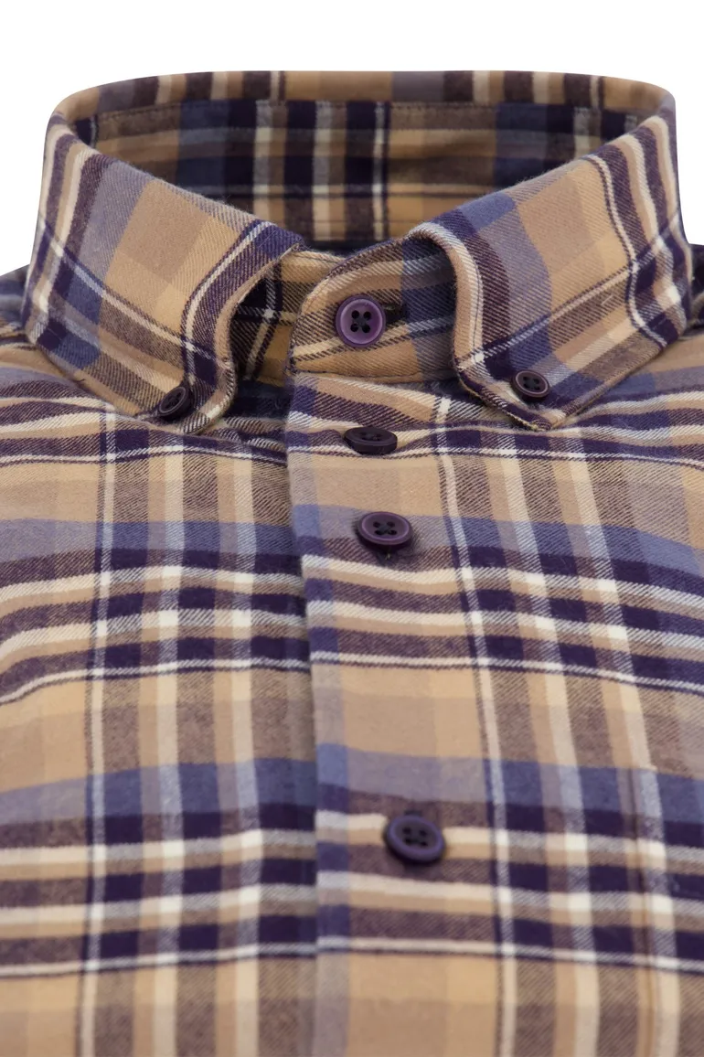 Portofino Regular Fit overhemd beige geruit flanel