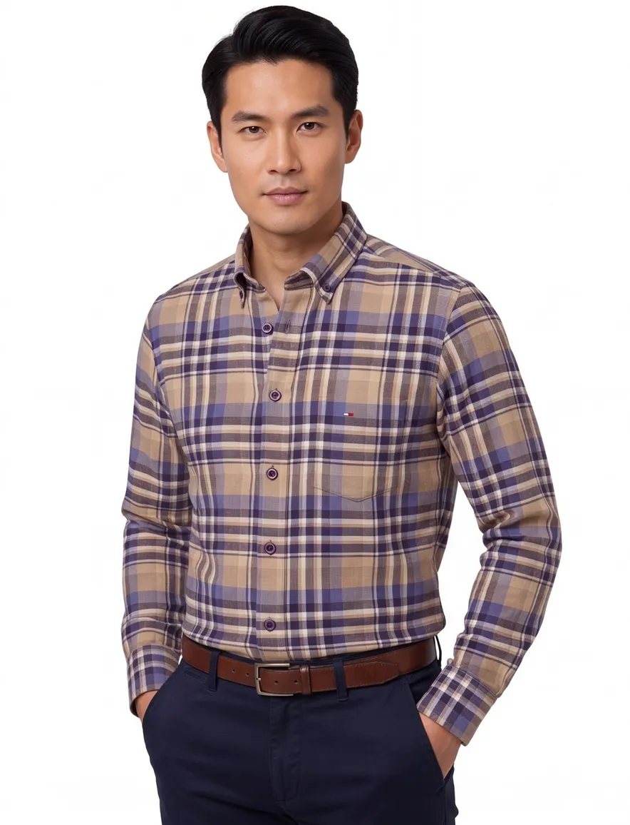 Portofino Regular Fit overhemd beige geruit flanel
