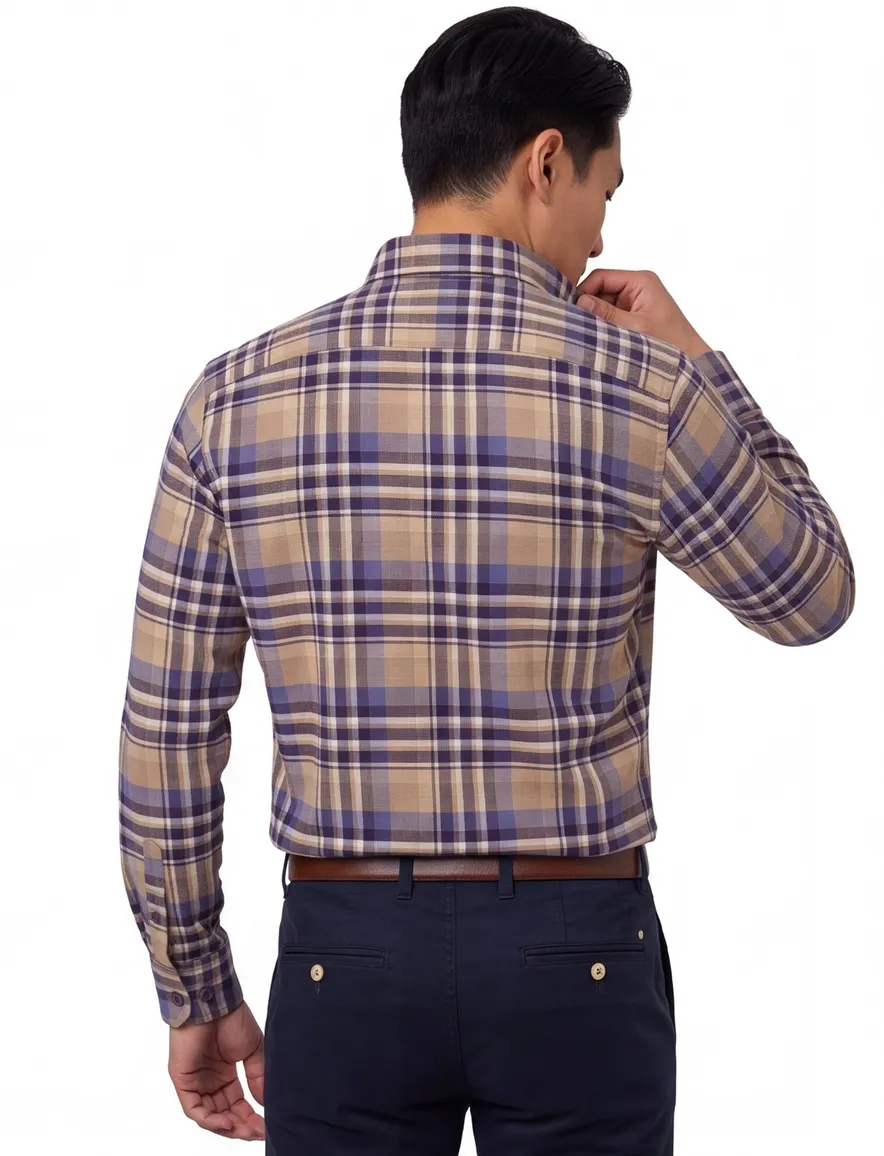 Portofino Regular Fit overhemd beige geruit flanel