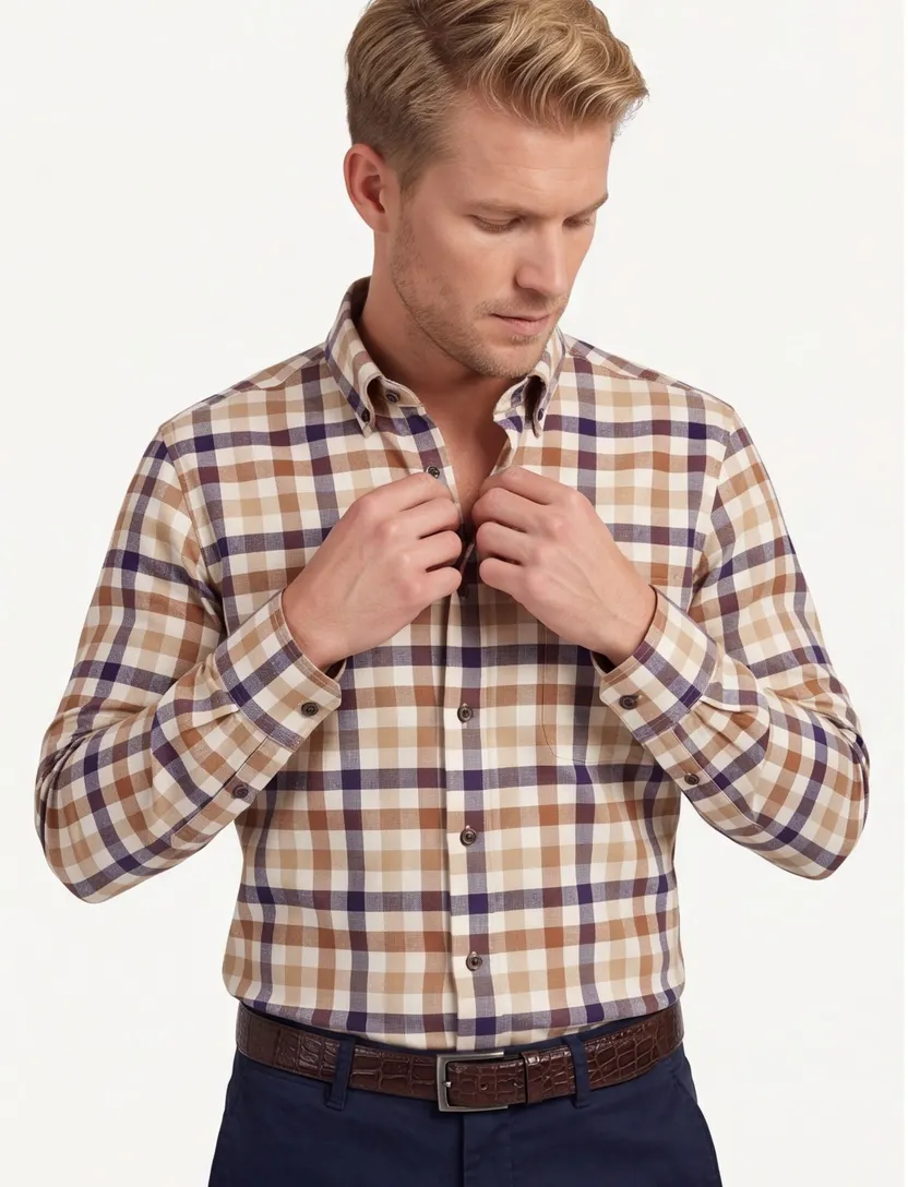 Beige geruit Portofino overhemd flanel