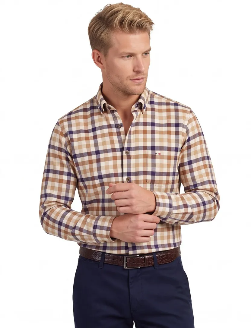Beige geruit Portofino overhemd flanel