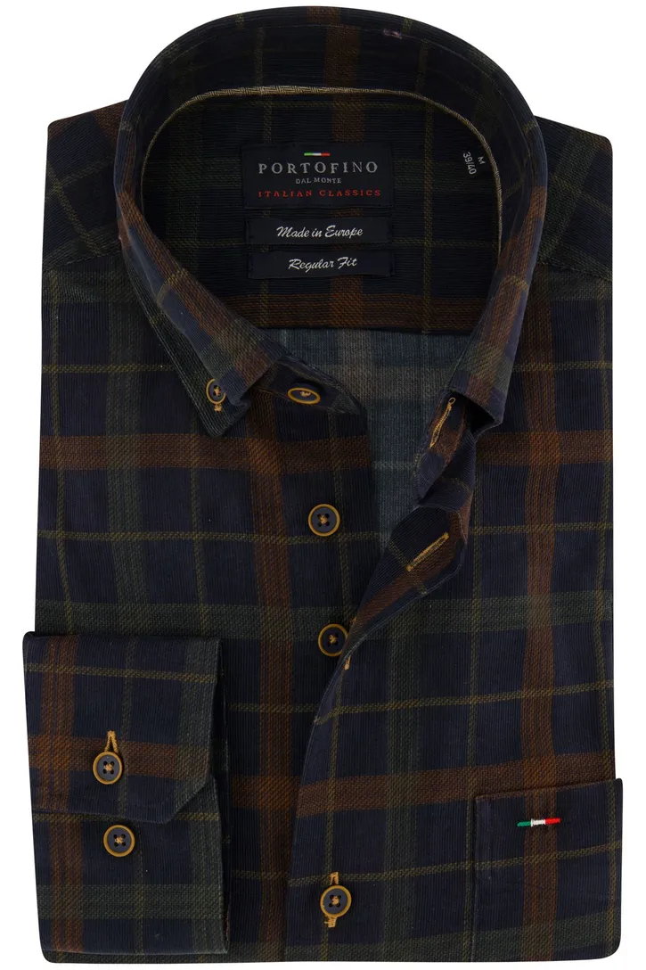 Blauw geruit Portofino overhemd wijde fit