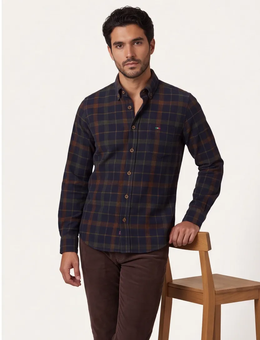 Blauw geruit Portofino overhemd wijde fit