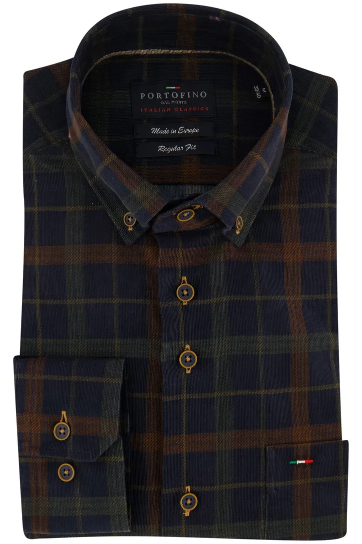 Blauw geruit Portofino overhemd wijde fit