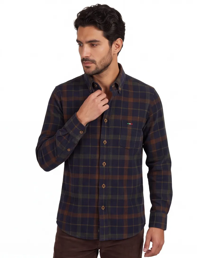 Blauw geruit Portofino overhemd wijde fit