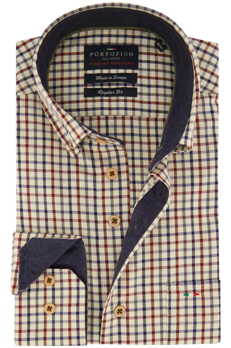 Portofino Regular Fit geruite overhemd casual beige