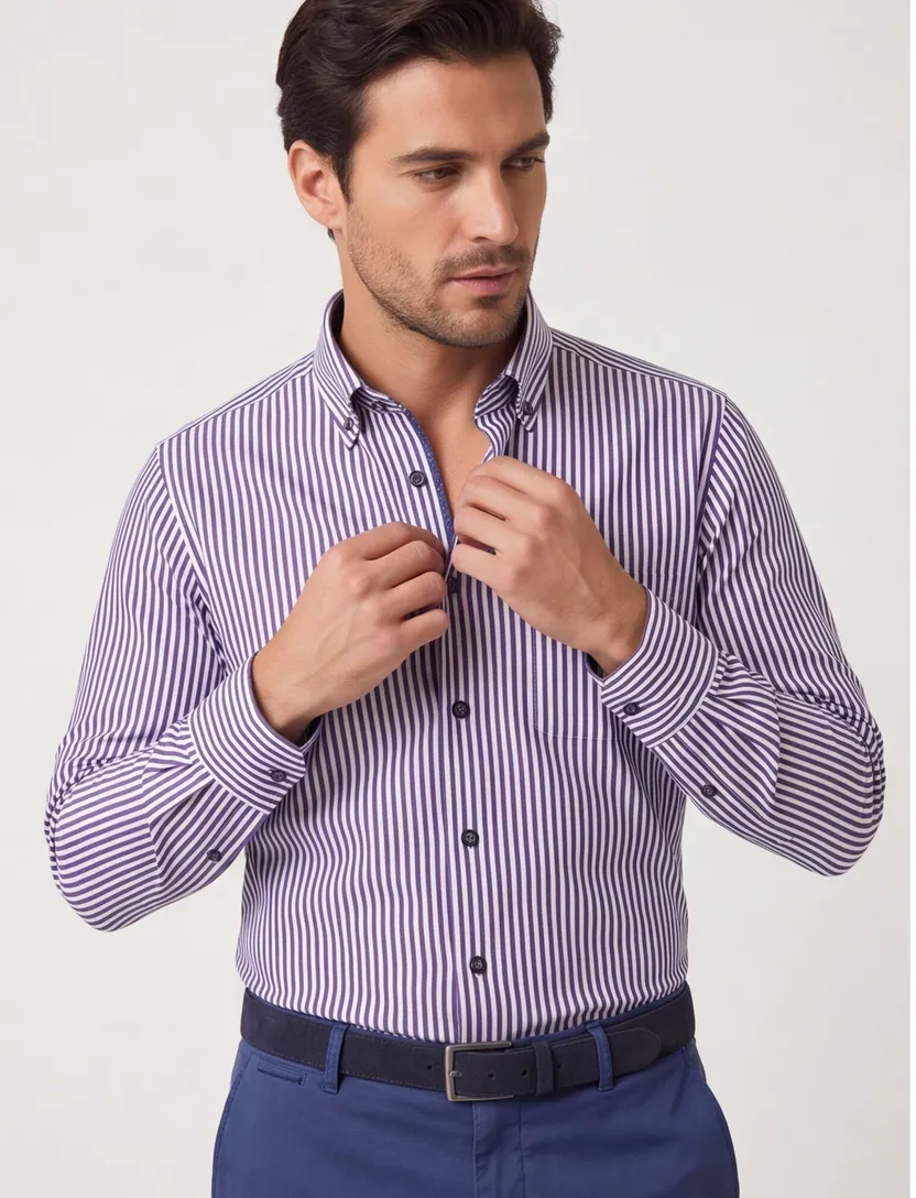 Portofino overhemd donkerblauw gestreept wijde fit