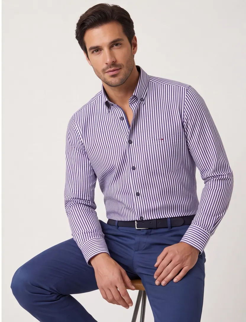 Portofino overhemd donkerblauw gestreept wijde fit