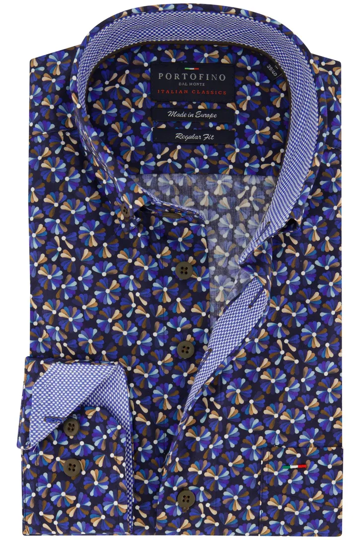 Portofino overhemd blauw geprint wijde fit