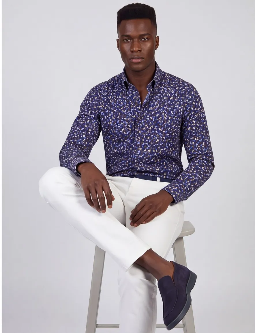 Portofino wijde fit casual overhemd blauw