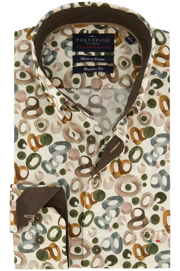 Portofino overhemd beige geprint wijde fit