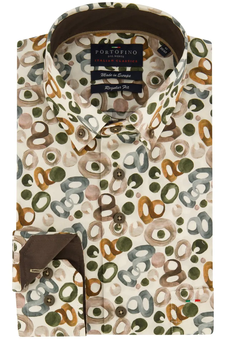Portofino overhemd beige geprint wijde fit
