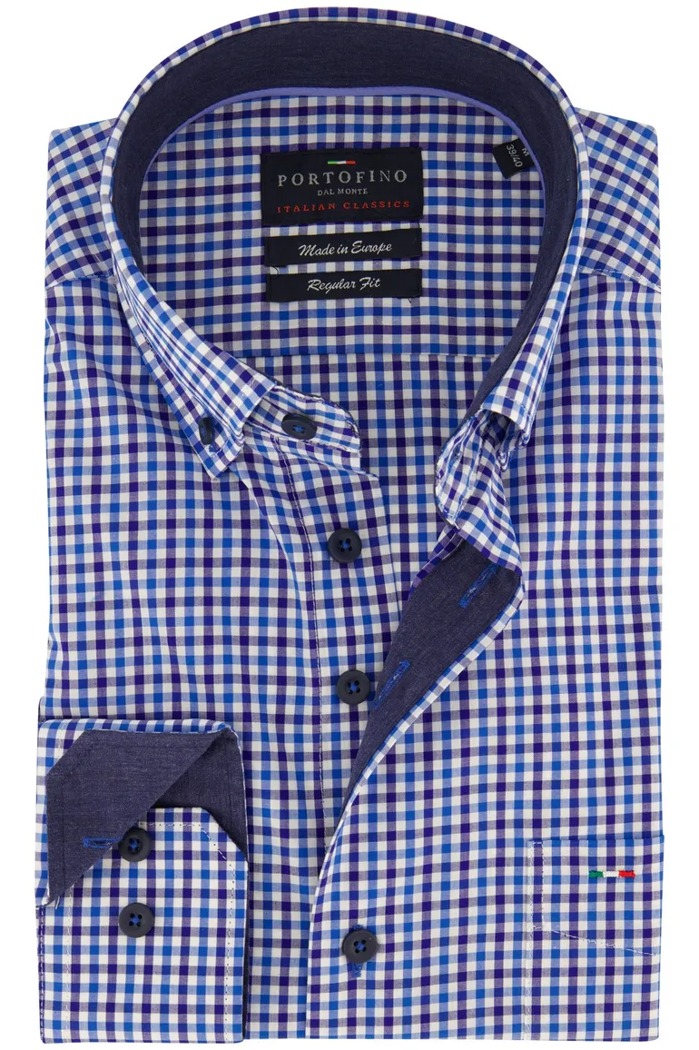 Portofino overhemd blauw geruit katoen