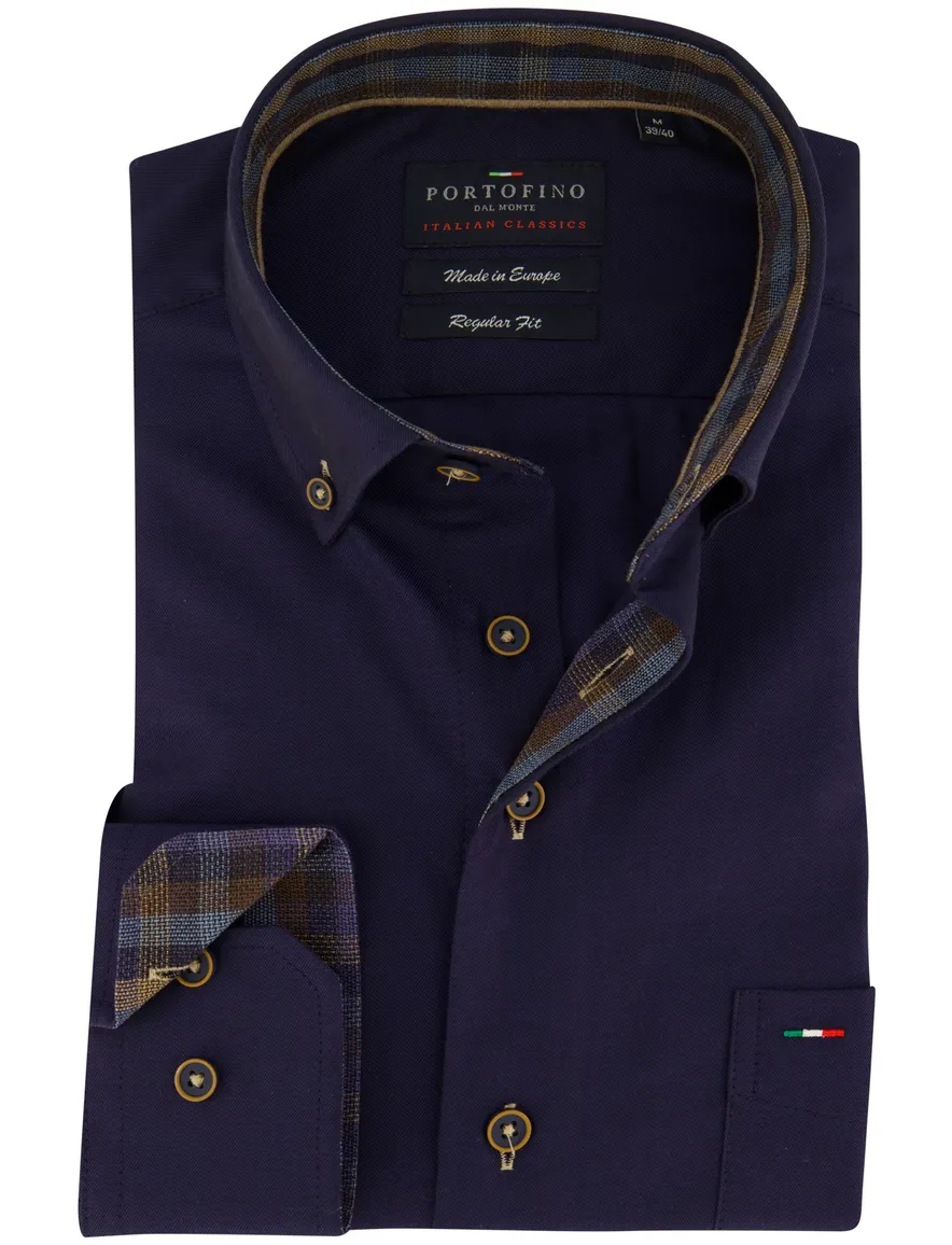 Portofino overhemd donkerblauw borstzak effen