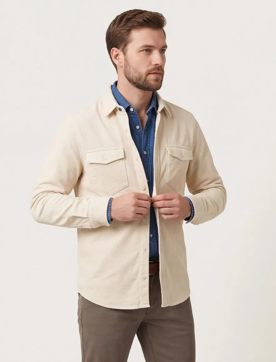 New Zealand overshirt beige effen dubbele borstzak