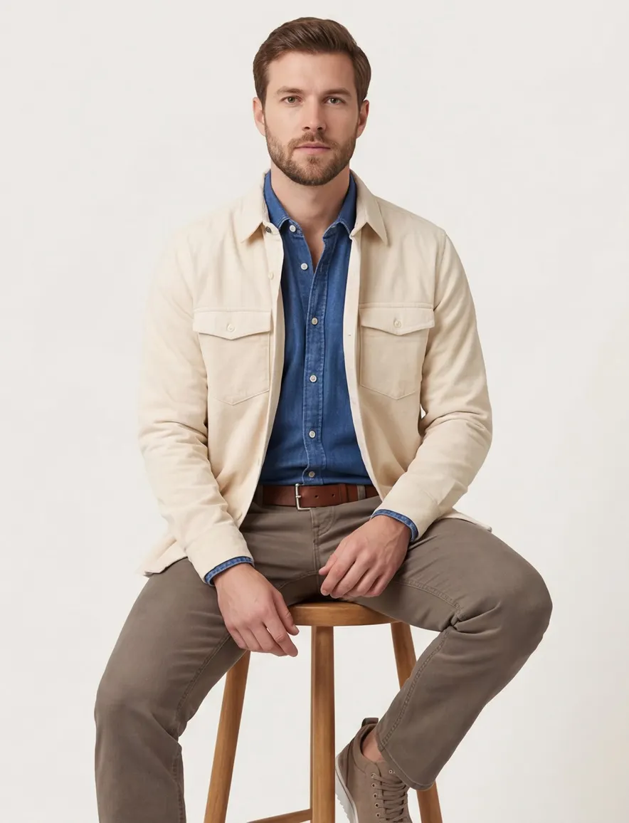 New Zealand overshirt beige effen dubbele borstzak