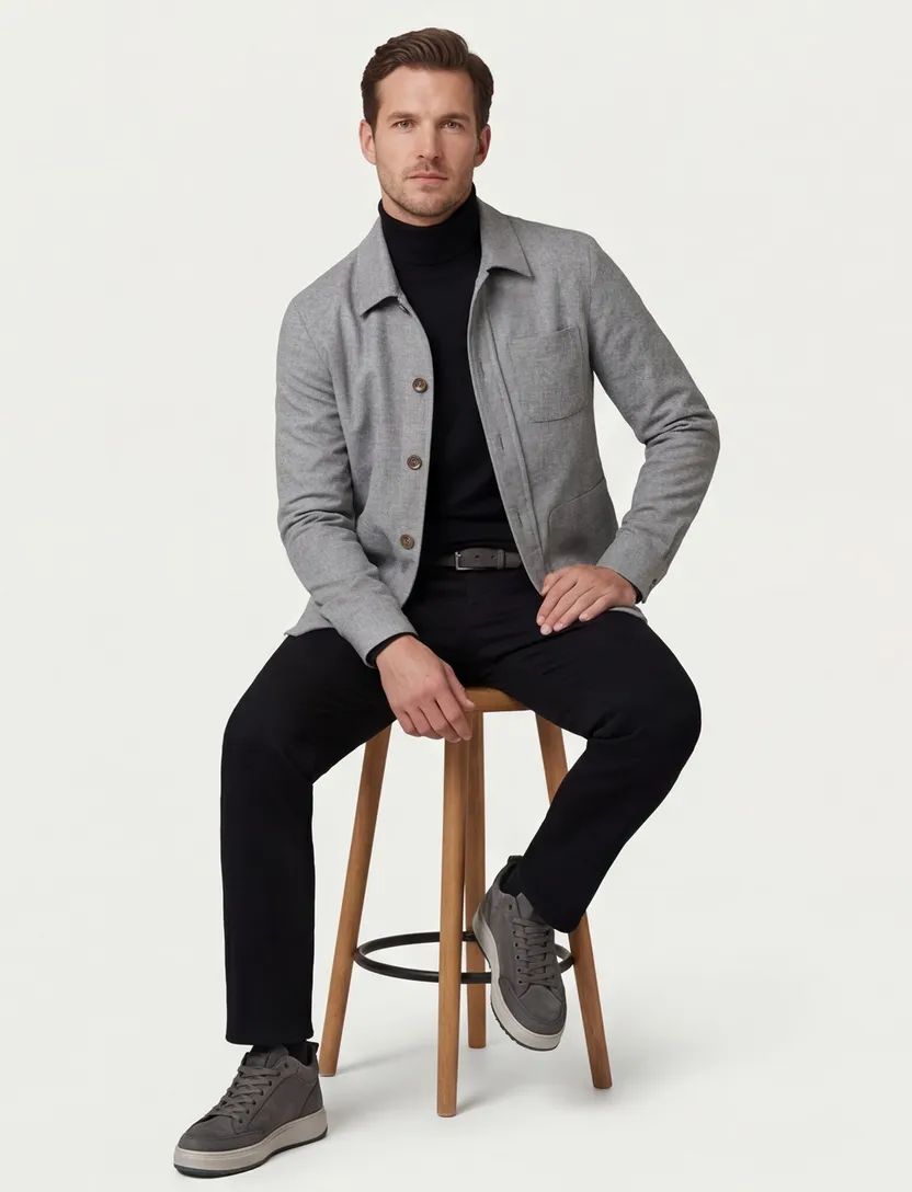 Carl Gross overshirt grijs effen normale fit wol stretch