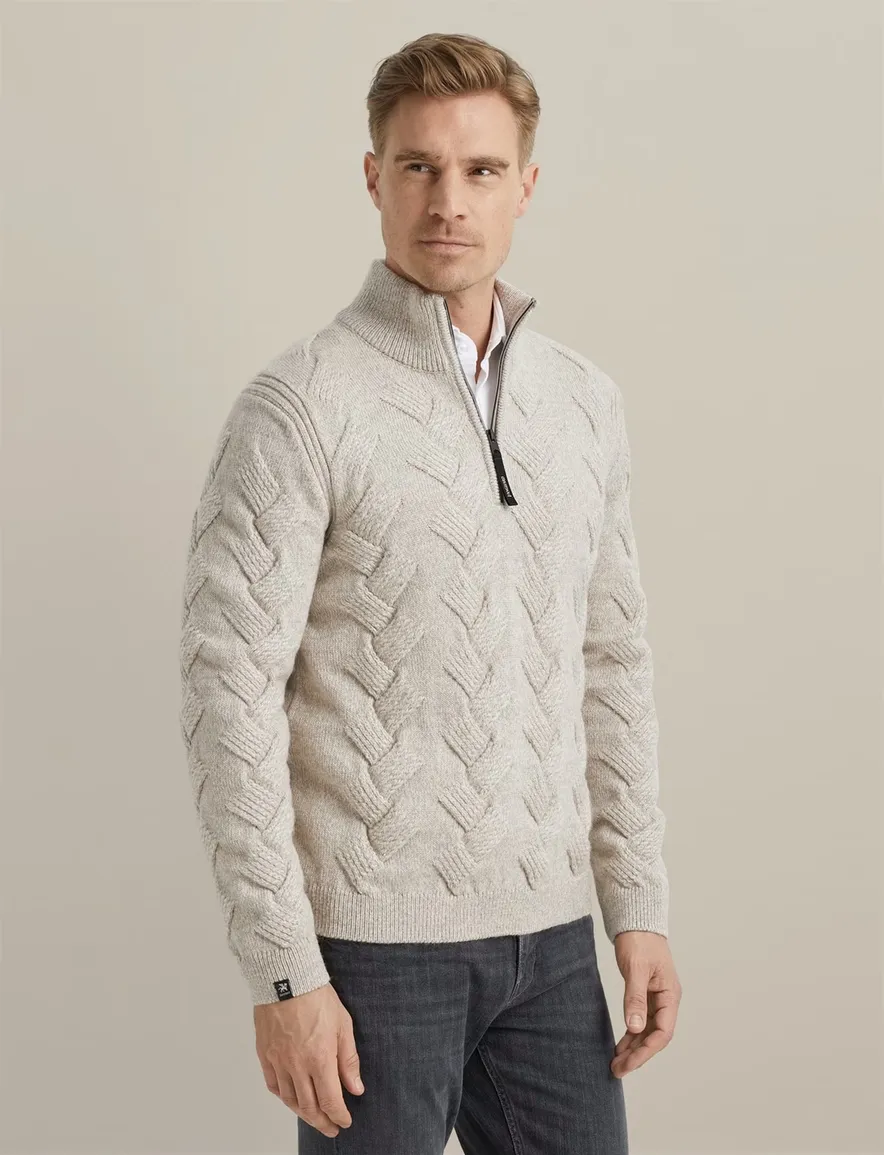 Vanguard half zip trui beige acryl & wol grof gebreid