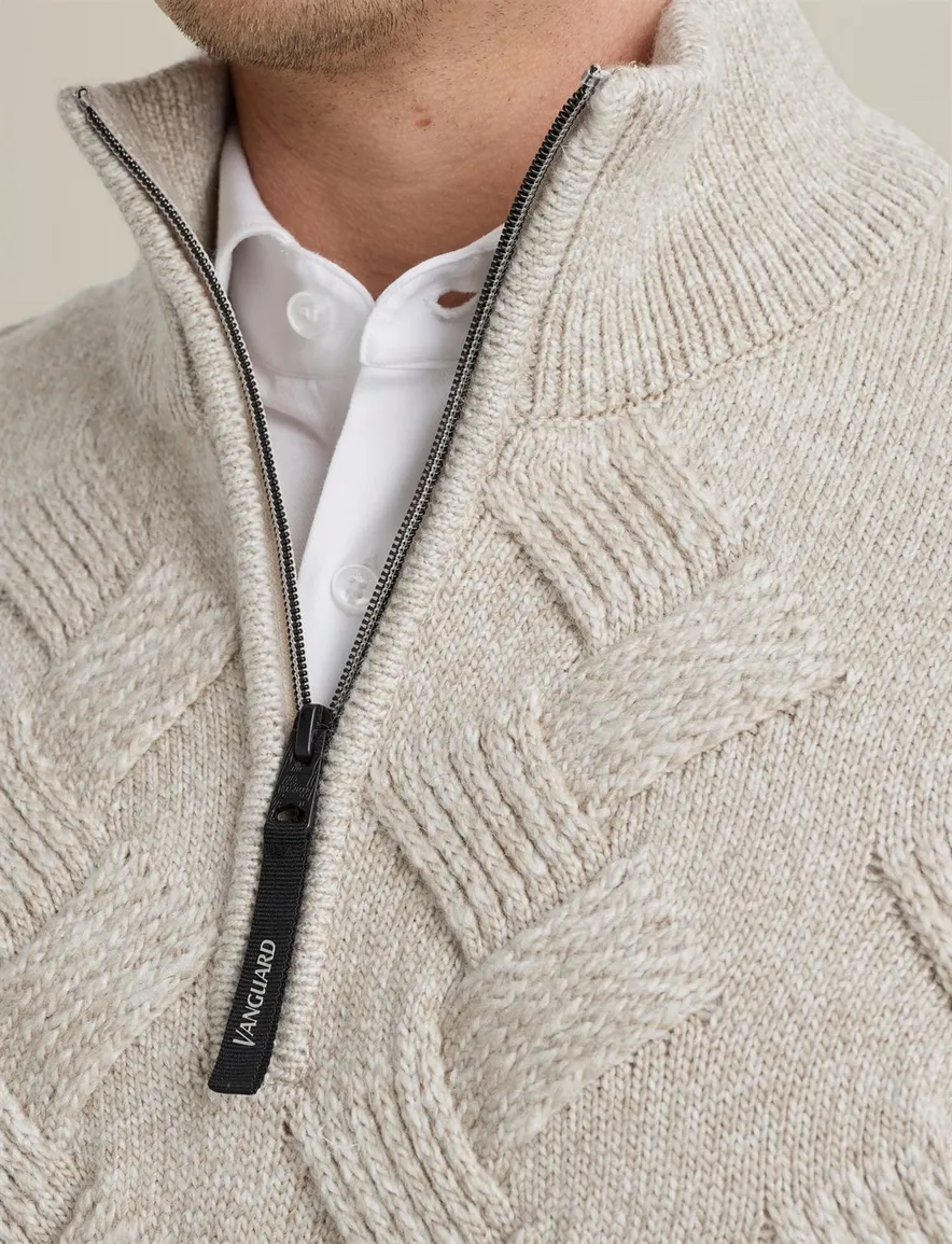 Vanguard half zip trui beige acryl & wol grof gebreid