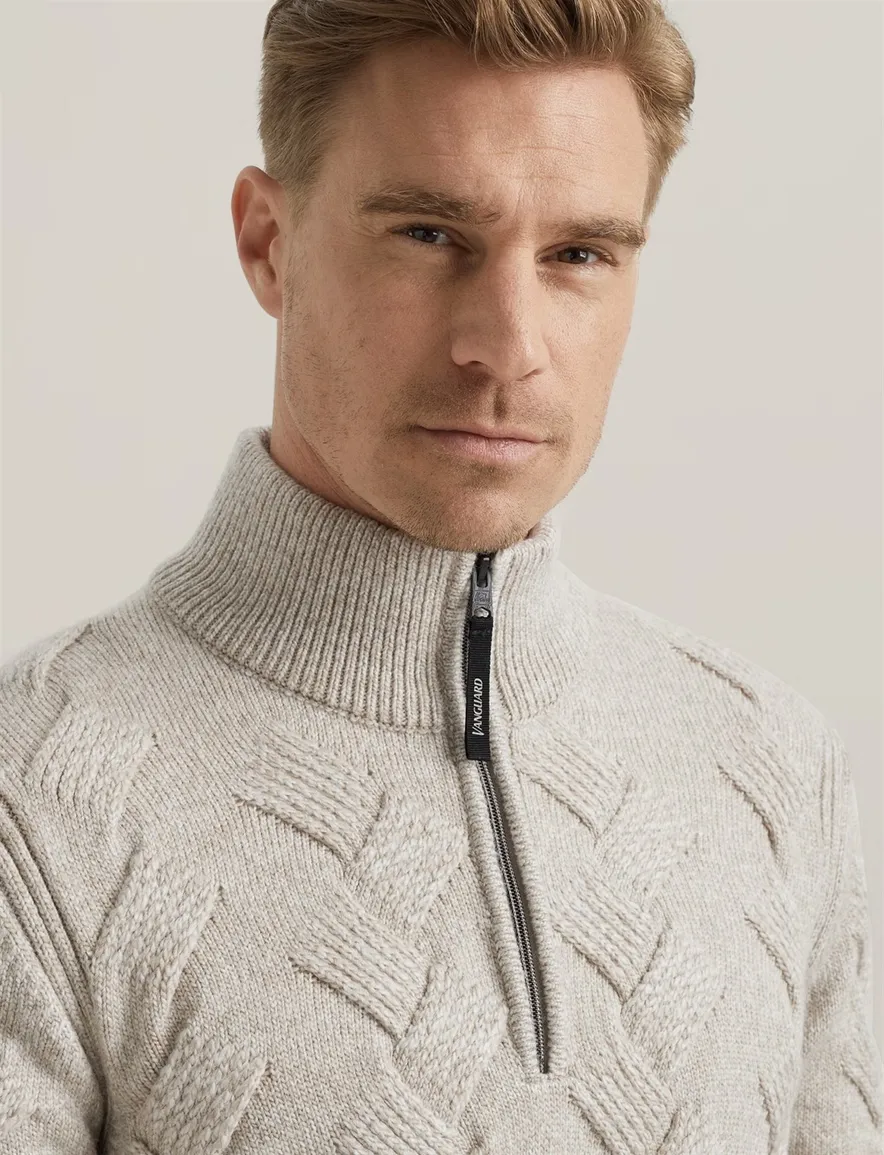 Vanguard half zip trui beige acryl & wol grof gebreid