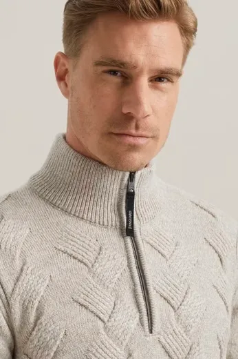 Vanguard half zip trui beige acryl & wol grof gebreid