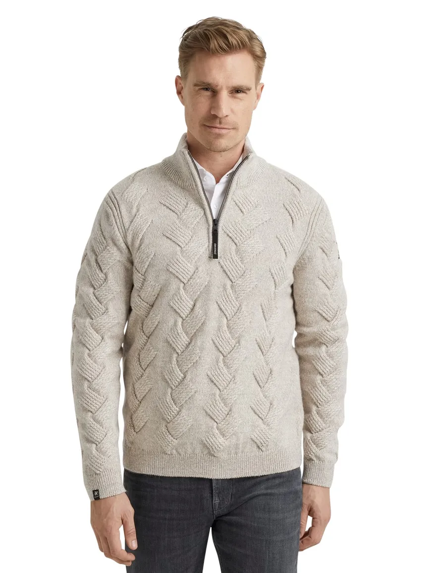 Vanguard half zip trui beige acryl & wol grof gebreid