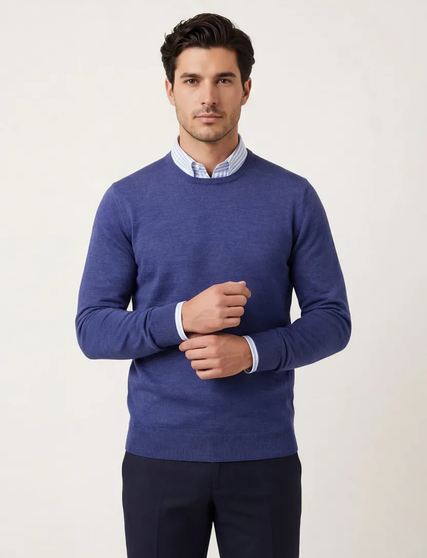 Portofino trui gemeleerd blauw merinowol normale fit