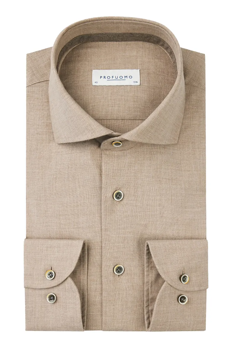 Flanel overhemd Profuomo beige gemêleerd slim fit