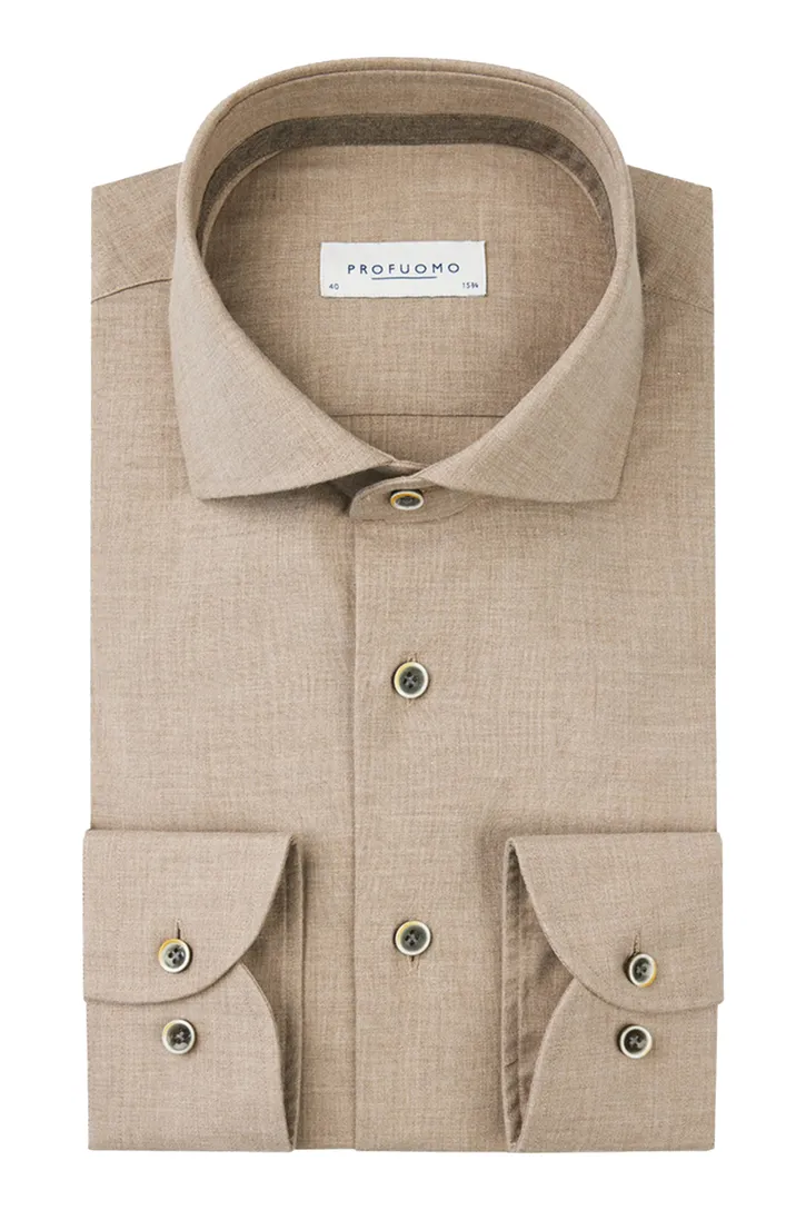 Profuomo overhemd beige gemêleerd flanel slim fit