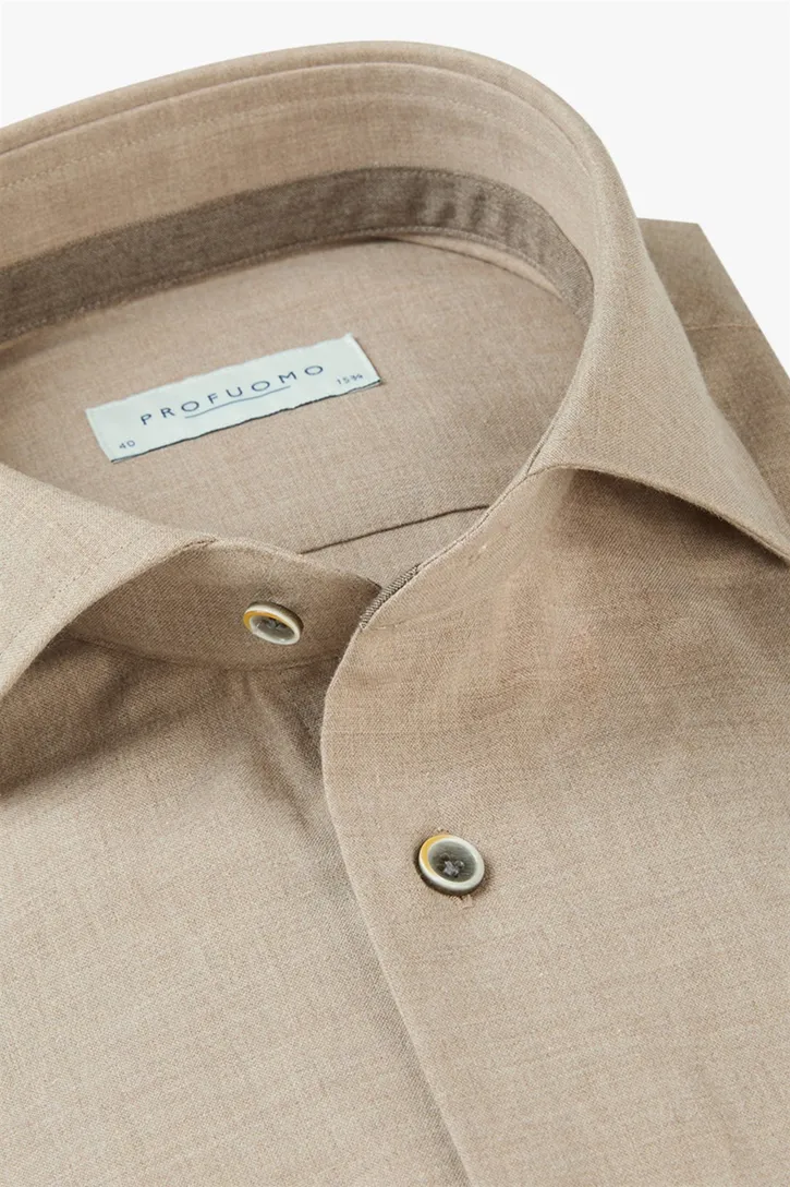 Profuomo overhemd beige gemêleerd flanel slim fit