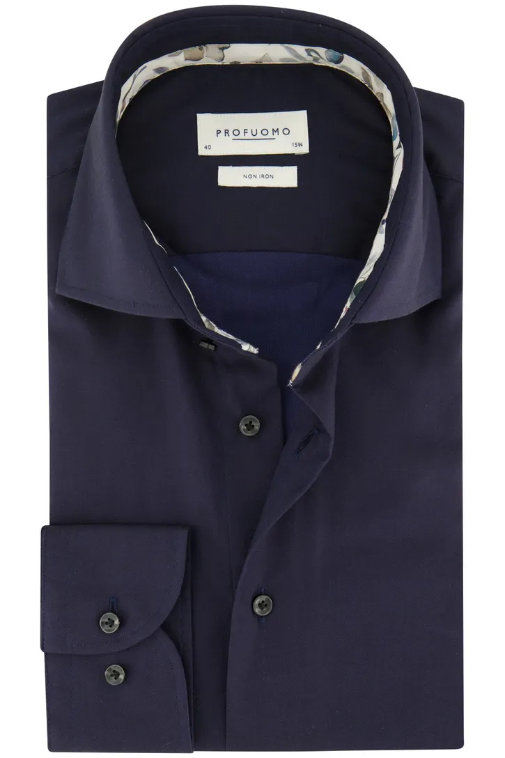 Katoenen Profuomo overhemd effen donkerblauw slim fit