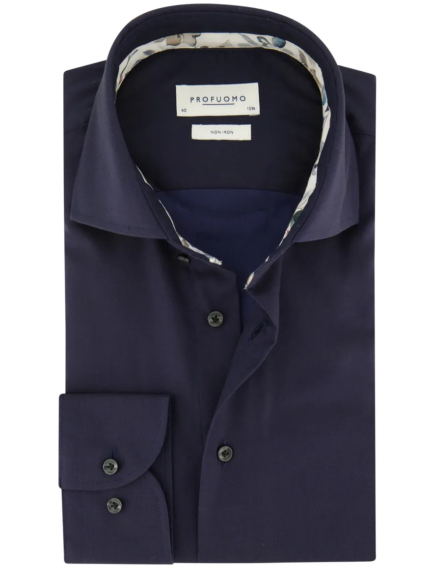 Profuomo overhemd donkerblauw effen slim fit strijkvrij