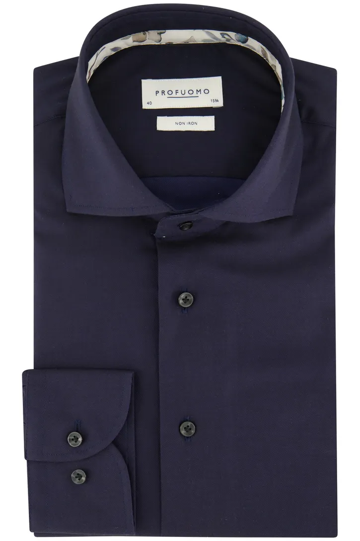 Katoenen Profuomo overhemd effen donkerblauw slim fit