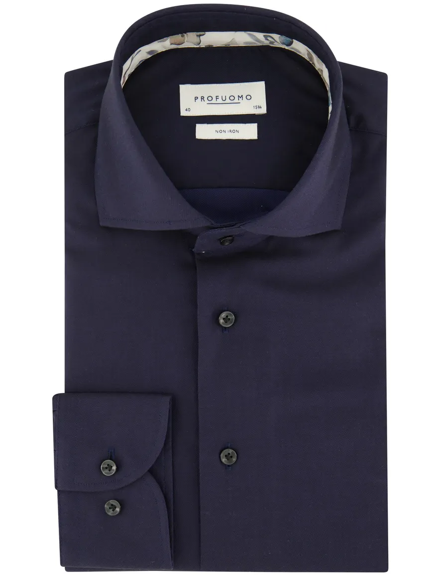 Profuomo overhemd donkerblauw effen slim fit strijkvrij