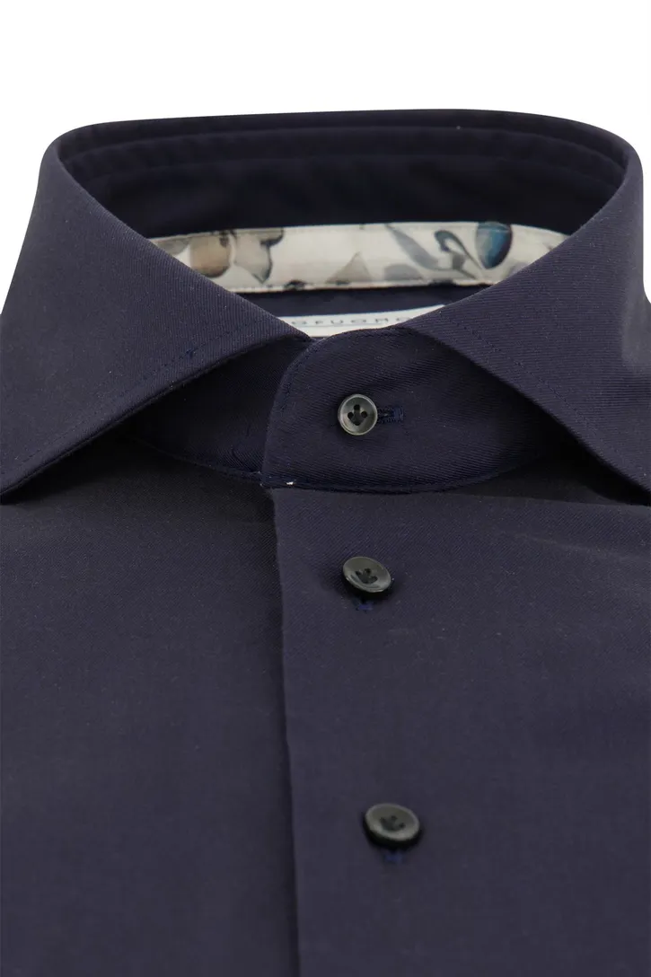 Katoenen Profuomo overhemd effen donkerblauw slim fit