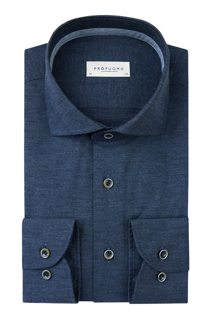 Profuomo katoenen overhemd blauw gemêleerd slim fit
