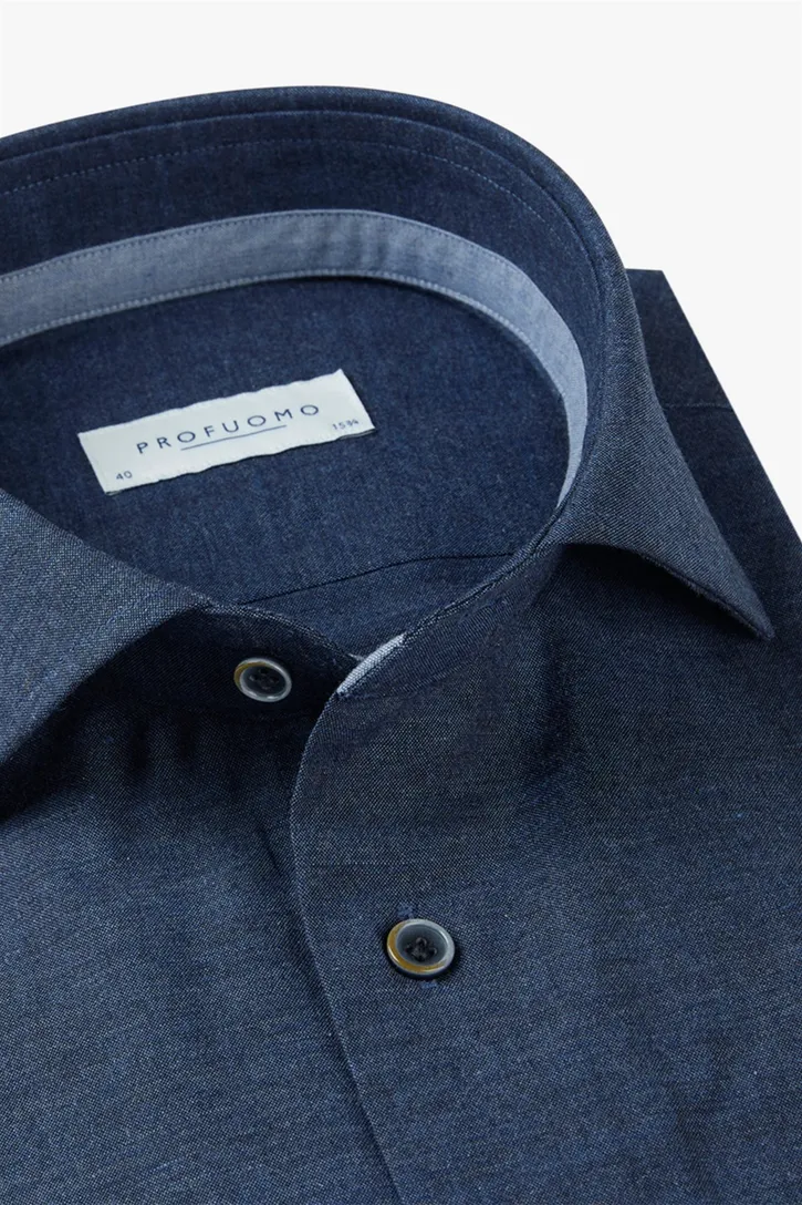 Profuomo katoenen overhemd blauw gemêleerd slim fit