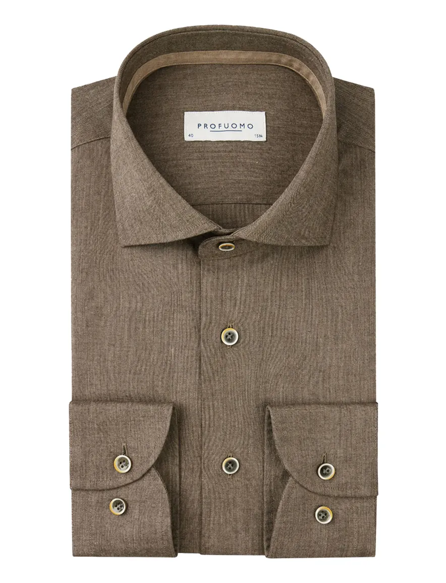 Profuomo overhemd slim fit bruin gemêleerd katoen