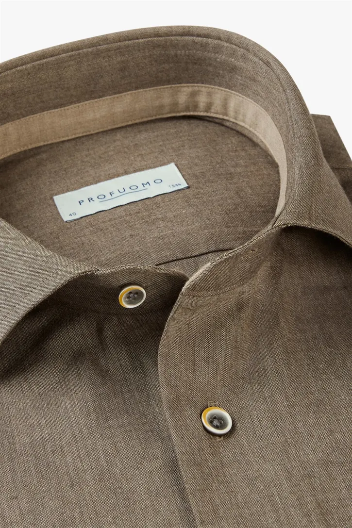 katoenen Profuomo overhemd bruin gemêleerd slim fit