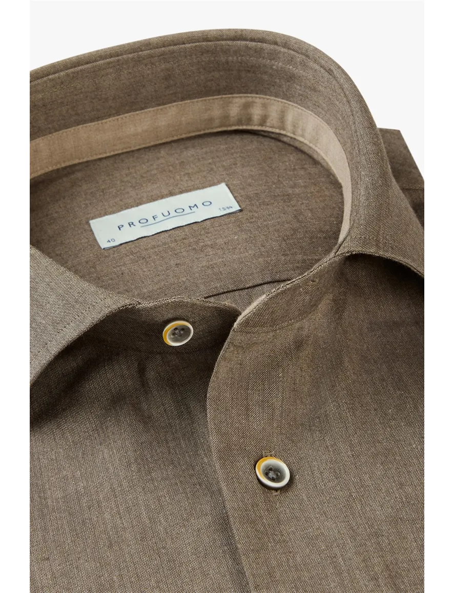 Profuomo overhemd slim fit bruin gemêleerd katoen