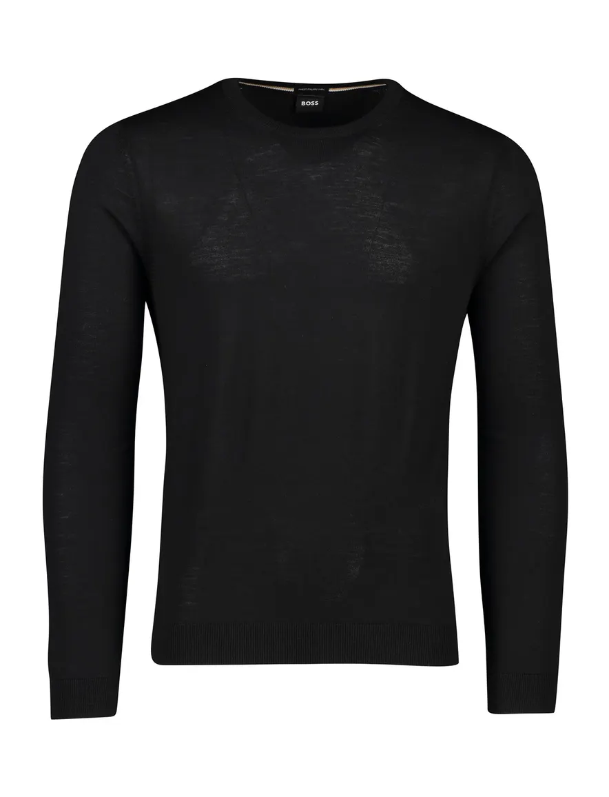 BOSS Black Leno-P trui ronde hals 100% wol zwart effen