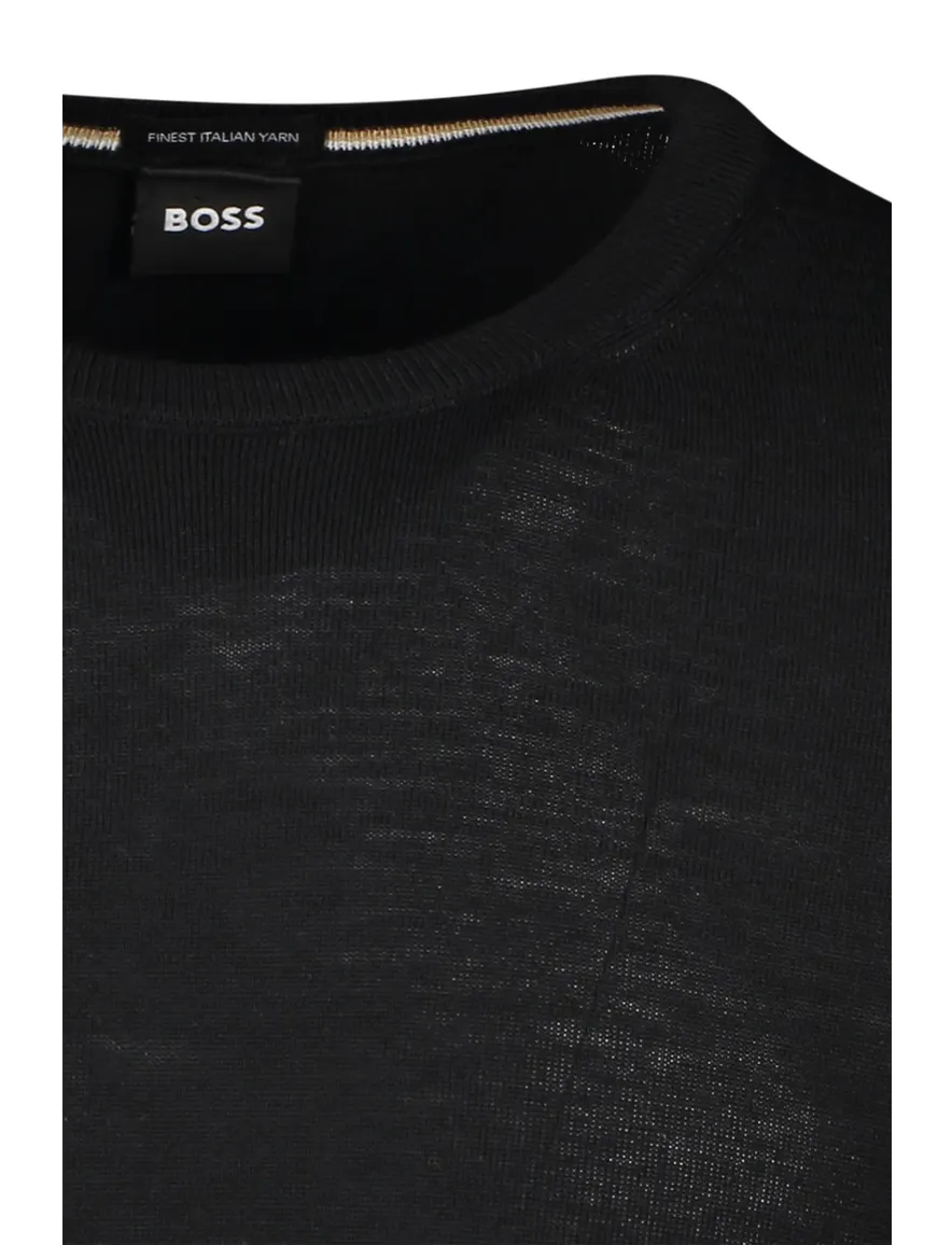 BOSS Black Leno-P trui ronde hals 100% wol zwart effen